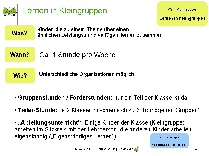 Lernen in Kleingruppen KG = Kleingruppen Lernen in Kleingruppen Was? Wann? Wie? Kinder, die