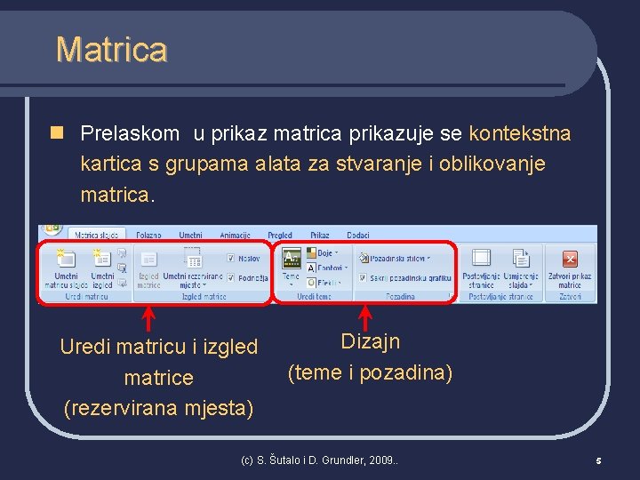 Matrica n Prelaskom u prikaz matrica prikazuje se kontekstna kartica s grupama alata za