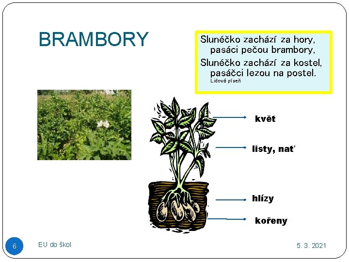 BRAMBORY Slunéčko zachází za hory, pasáci pečou brambory, Slunéčko zachází za kostel, pasáčci lezou