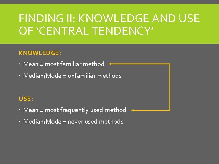 FINDING II: KNOWLEDGE AND USE OF ‘CENTRAL TENDENCY’ KNOWLEDGE: Mean = most familiar method