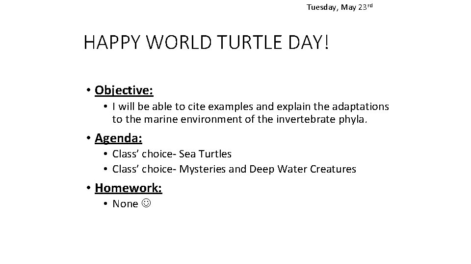 Tuesday, May 23 rd HAPPY WORLD TURTLE DAY! • Objective: • I will be