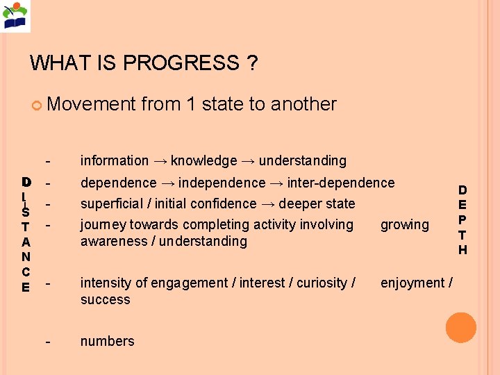 WHAT IS PROGRESS ? Movement D D I i S T A N C