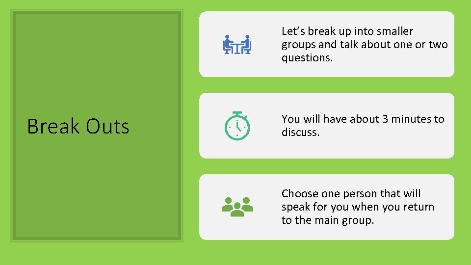 Let’s break up into smaller groups and talk about one or two questions. Break Let’s break up into smaller groups and talk about one or two questions. Break