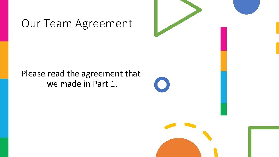 Our Team Agreement Please read the agreement that we made in Part 1. Our Team Agreement Please read the agreement that we made in Part 1.