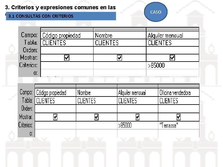 3. Criterios y expresiones comunes en las consultas 3. 1 CONSULTAS CON CRITERIOS CASO 3. Criterios y expresiones comunes en las consultas 3. 1 CONSULTAS CON CRITERIOS CASO