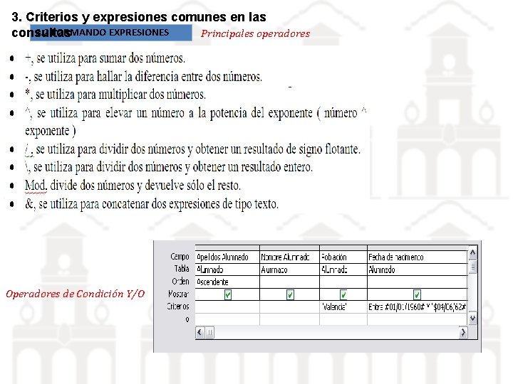 3. Criterios y expresiones comunes en las 3. 2 FORMANDO EXPRESIONES consultas Principales operadores 3. Criterios y expresiones comunes en las 3. 2 FORMANDO EXPRESIONES consultas Principales operadores