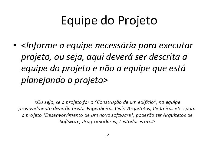 Equipe do Projeto • <Informe a equipe necessária para executar projeto, ou seja, aqui