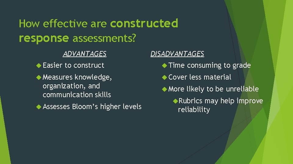How effective are constructed response assessments? ADVANTAGES Easier to construct Measures knowledge, organization, and
