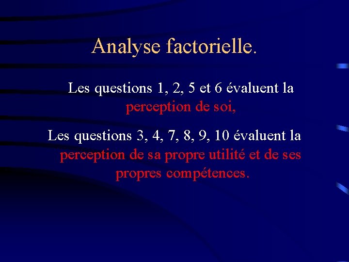 Analyse factorielle. Les questions 1, 2, 5 et 6 évaluent la perception de soi,