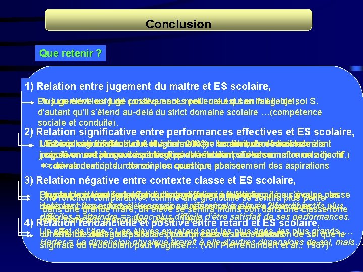 Conclusion Que retenir ? 1) Relation entre jugement du maître et ES scolaire, Un