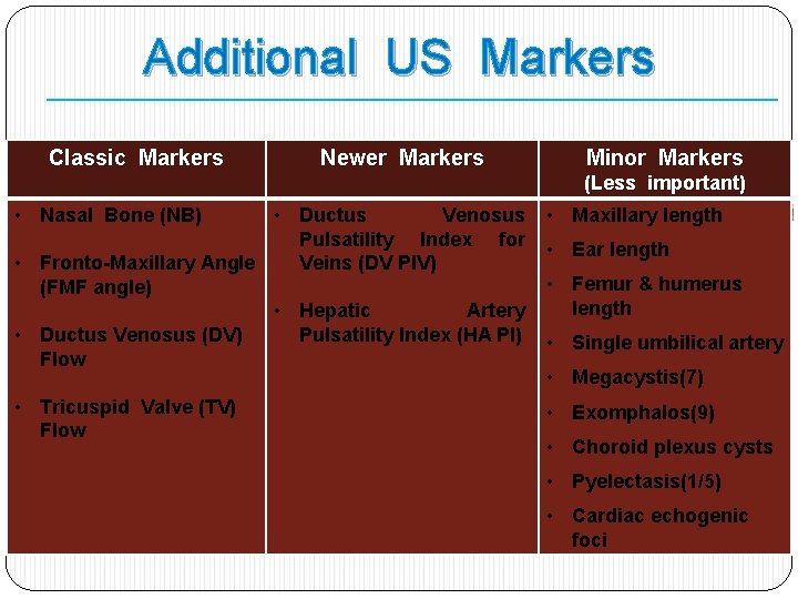 Additional US Markers Classic Markers Newer Markers Minor Markers (Less important) • Nasal Bone