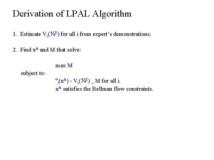 Derivation of LPAL Algorithm 1. Estimate Vi(¼E) for all i from expert’s demonstrations. 2.