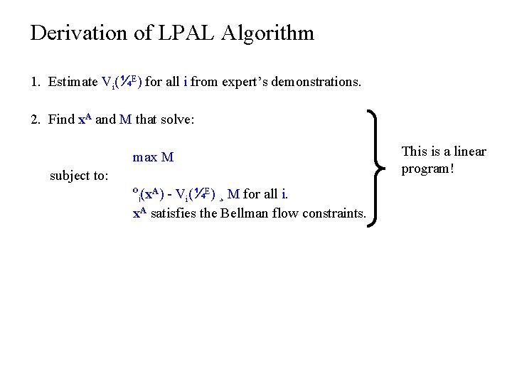 Derivation of LPAL Algorithm 1. Estimate Vi(¼E) for all i from expert’s demonstrations. 2.