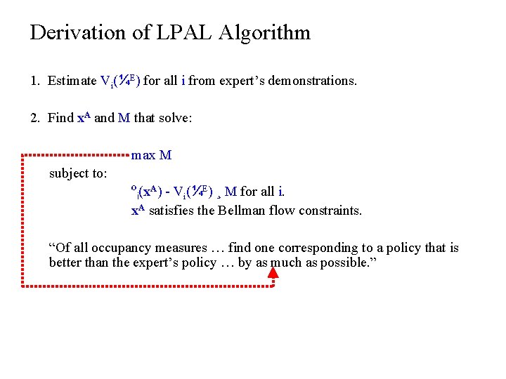 Derivation of LPAL Algorithm 1. Estimate Vi(¼E) for all i from expert’s demonstrations. 2.