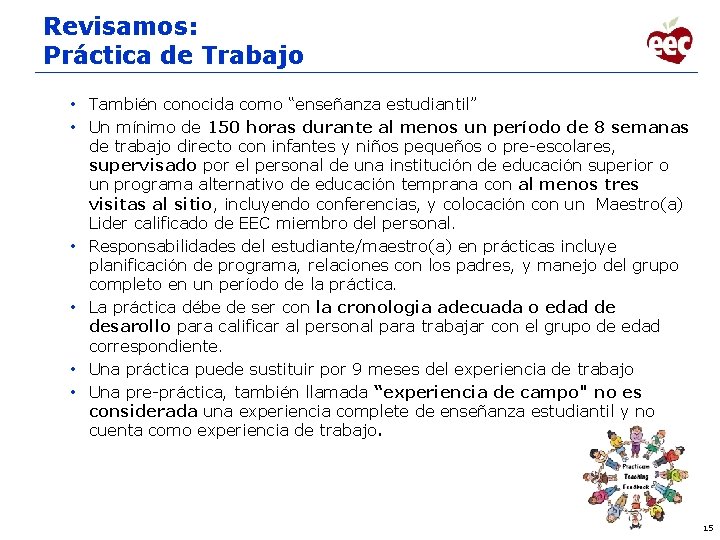 Revisamos: Práctica de Trabajo • También conocida como “enseñanza estudiantil” • Un mínimo de