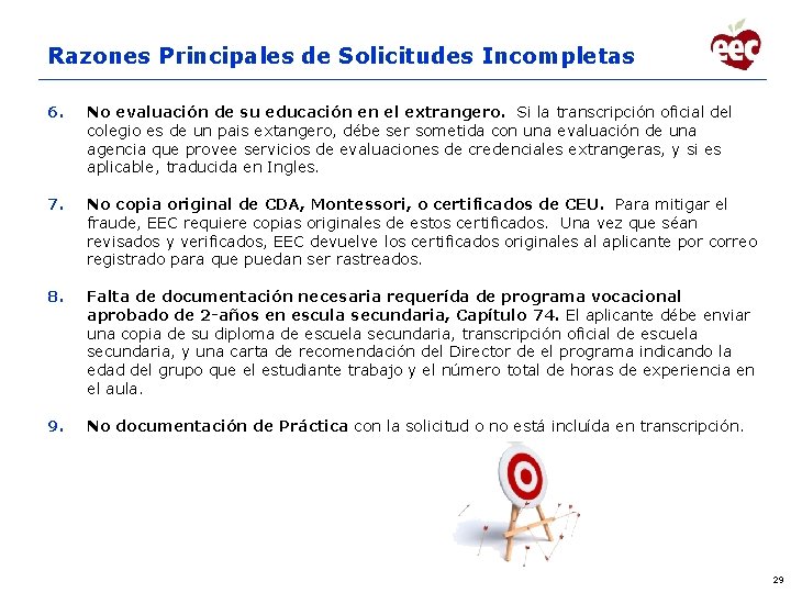 Razones Principales de Solicitudes Incompletas 6. No evaluación de su educación en el extrangero.