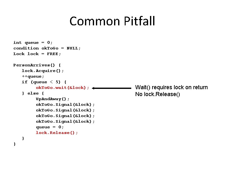 Common Pitfall int queue = 0; condition ok. To. Go = NULL; Lock lock Common Pitfall int queue = 0; condition ok. To. Go = NULL; Lock lock