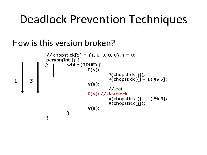 Deadlock Prevention Techniques How is this version broken? 1 3 // chopstick[5] = {1,