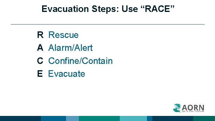 Evacuation Steps: Use “RACE” R A C E Rescue Alarm/Alert Confine/Contain Evacuate 