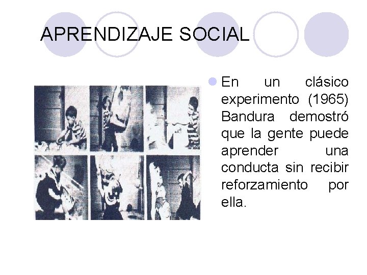 PSICOLOGÍA GENERAL APRENDIZAJE SOCIAL l En un clásico experimento (1965) Bandura demostró que la