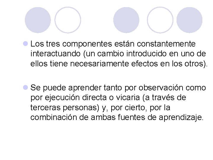 PSICOLOGÍA GENERAL l Los tres componentes están constantemente interactuando (un cambio introducido en uno