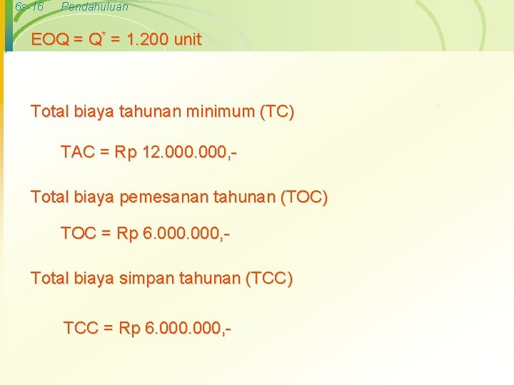 6 s-16 Pendahuluan EOQ = Q* = 1. 200 unit Total biaya tahunan minimum