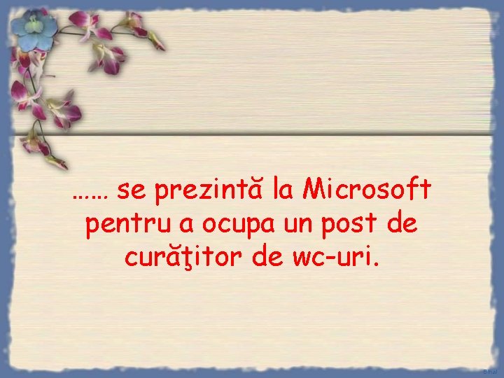 …… se prezintă la Microsoft pentru a ocupa un post de curăţitor de wc-uri.
