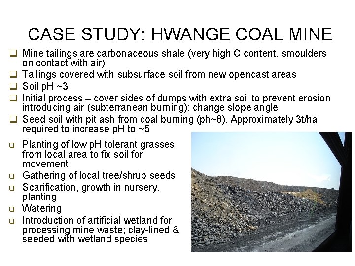 CASE STUDY: HWANGE COAL MINE q Mine tailings are carbonaceous shale (very high C