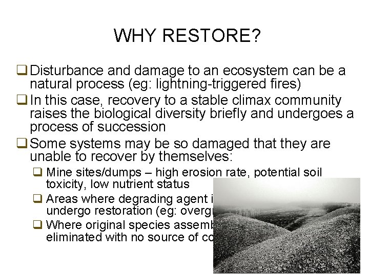 WHY RESTORE? q Disturbance and damage to an ecosystem can be a natural process