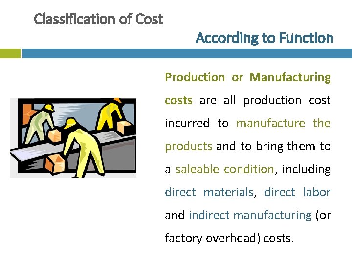 Classification of Cost According to Function Production or Manufacturing costs are all production cost