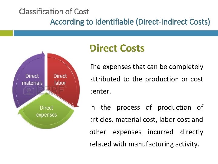 Classification of Cost According to Identifiable (Direct-Indirect Costs) Direct Costs The expenses that can