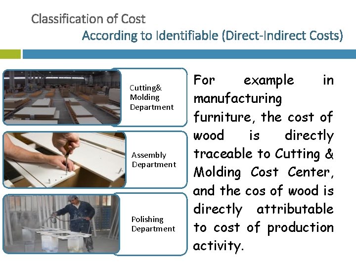 Classification of Cost According to Identifiable (Direct-Indirect Costs) Cutting& Molding Department Assembly Department Polishing