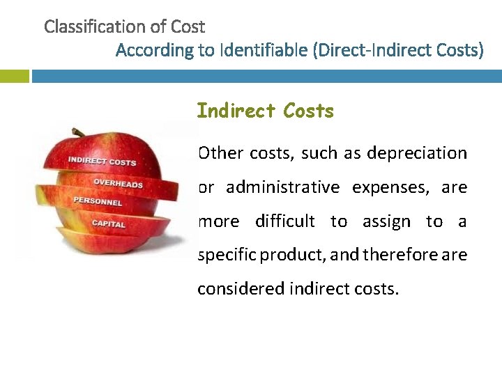 Classification of Cost According to Identifiable (Direct-Indirect Costs) Indirect Costs Other costs, such as