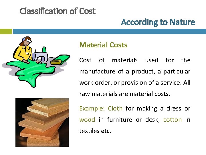 Classification of Cost According to Nature Material Costs Cost of materials used for the