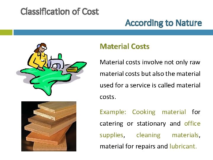 Classification of Cost According to Nature Material Costs Material costs involve not only raw