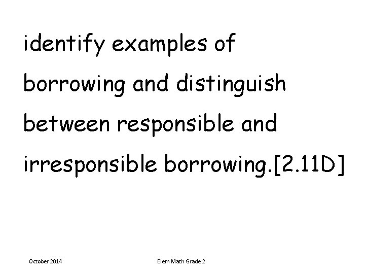 identify examples of borrowing and distinguish between responsible and irresponsible borrowing. [2. 11 D]