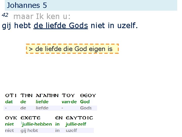 Johannes 5 maar Ik ken u: gij hebt de liefde Gods niet in uzelf.