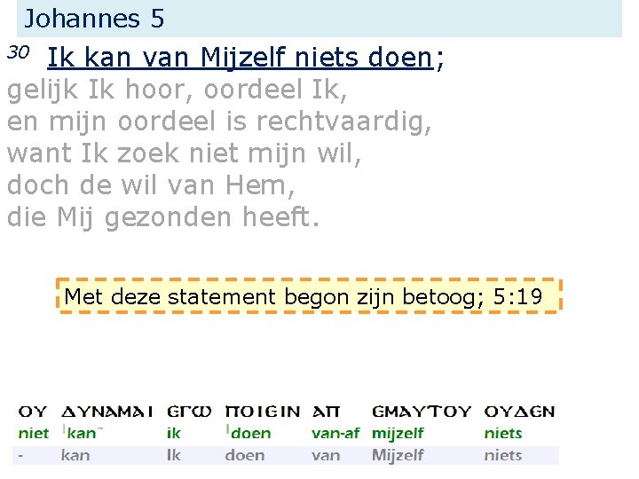 Johannes 5 Ik kan van Mijzelf niets doen; gelijk Ik hoor, oordeel Ik, en