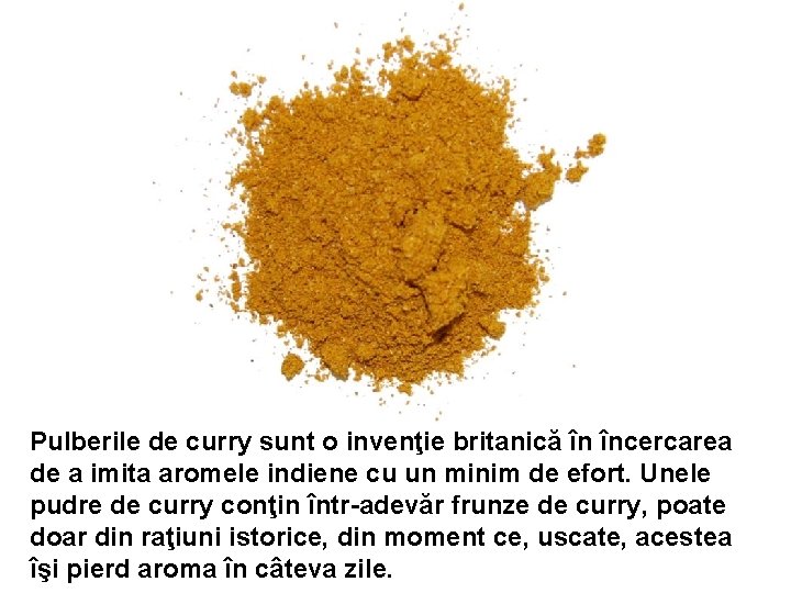 Pulberile de curry sunt o invenţie britanică în încercarea de a imita aromele indiene Pulberile de curry sunt o invenţie britanică în încercarea de a imita aromele indiene