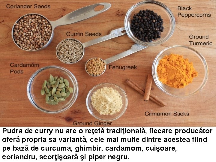 Pudra de curry nu are o reţetă tradiţională, fiecare producător oferă propria sa variantă, Pudra de curry nu are o reţetă tradiţională, fiecare producător oferă propria sa variantă,
