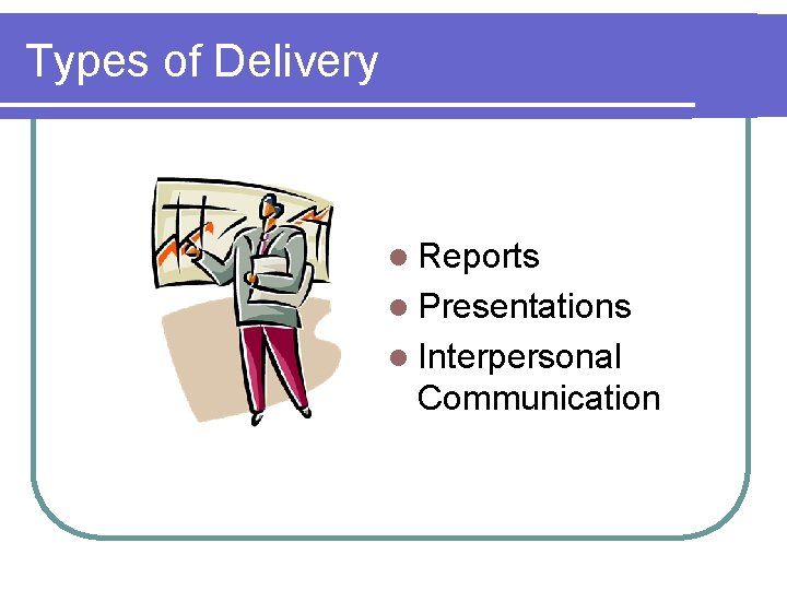 Types of Delivery l Reports l Presentations l Interpersonal Communication 