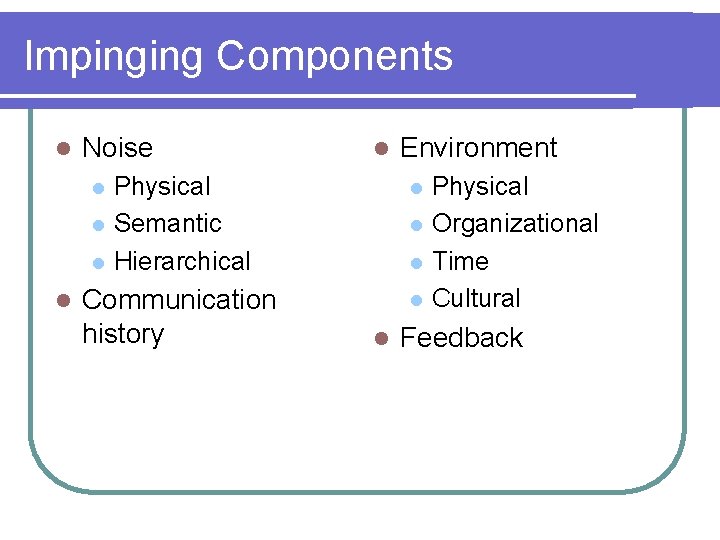 Impinging Components l Noise Environment Physical Semantic Hierarchical l Communication history l l l