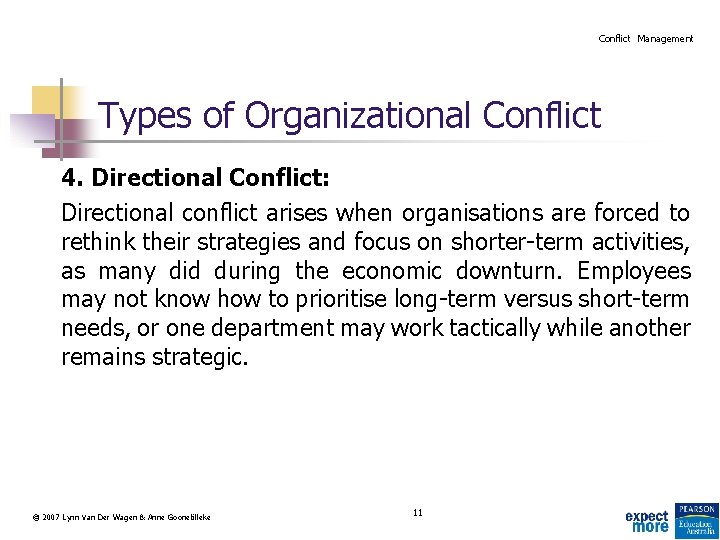 Conflict Management Types of Organizational Conflict 4. Directional Conflict: Directional conflict arises when organisations