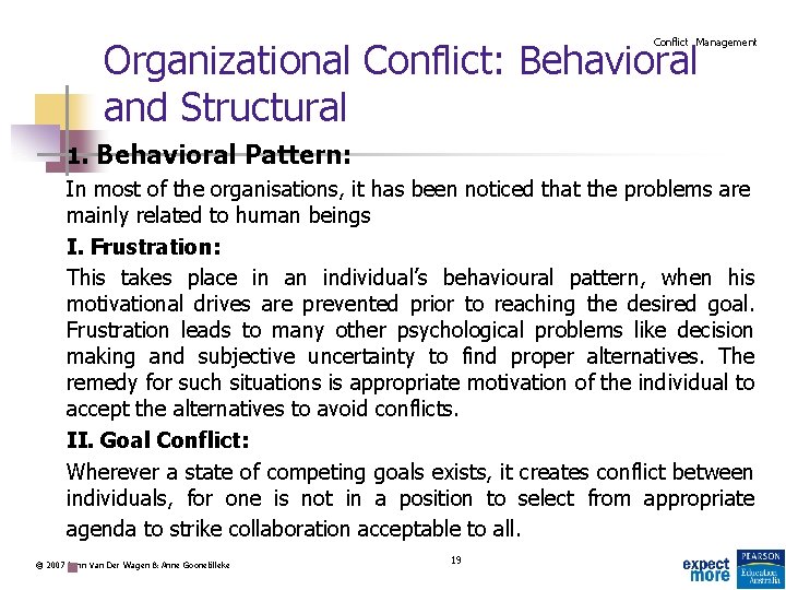 Organizational Conflict: Behavioral and Structural Conflict Management 1. Behavioral Pattern: In most of the