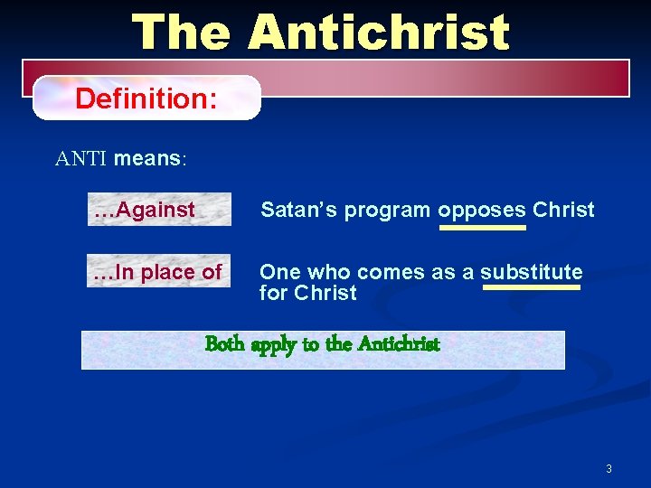 The Antichrist Definition: ANTI means: …Against Satan’s program opposes Christ …In place of One