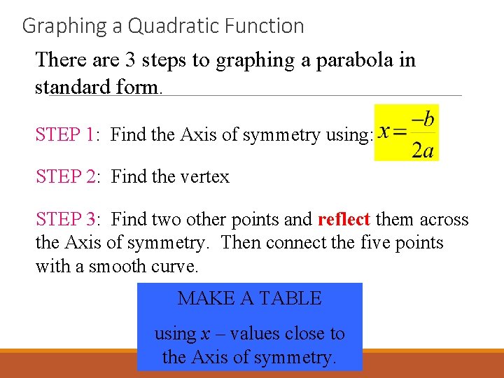 Graphing a Quadratic Function There are 3 steps to graphing a parabola in standard