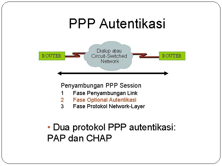 PPP Autentikasi ROUTER Dialup atau Circuit Switched Network ROUTER Penyambungan PPP Session 1 2