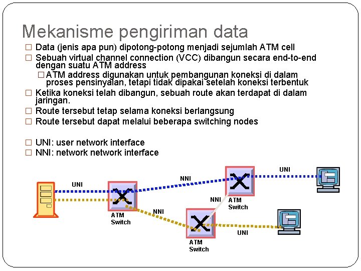 Mekanisme pengiriman data � Data (jenis apa pun) dipotong menjadi sejumlah ATM cell �