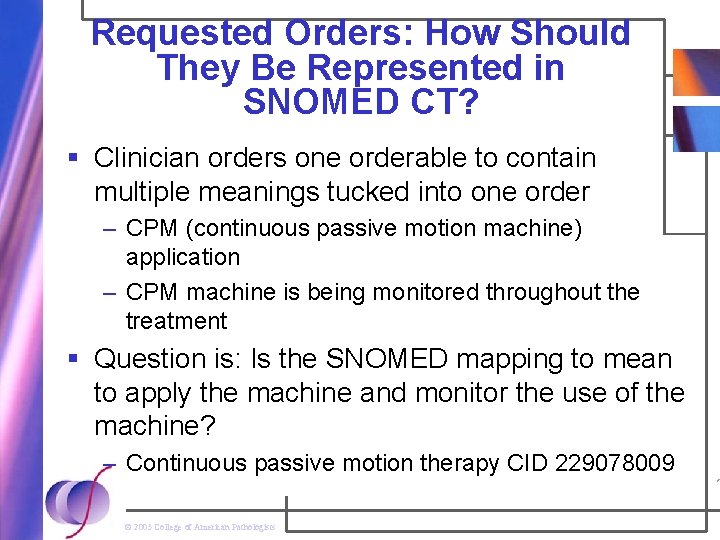 Requested Orders: How Should They Be Represented in SNOMED CT? § Clinician orders one