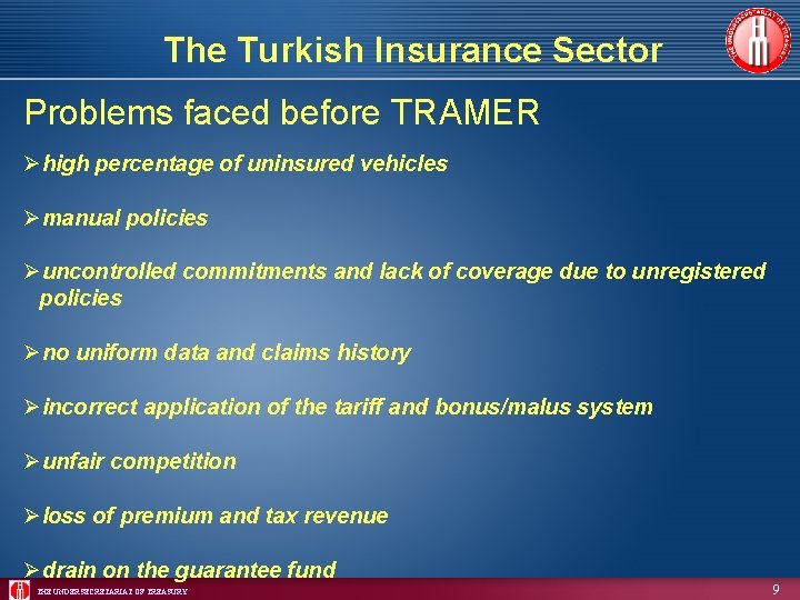 The Turkish Insurance Sector Problems faced before TRAMER Øhigh percentage of uninsured vehicles Ømanual
